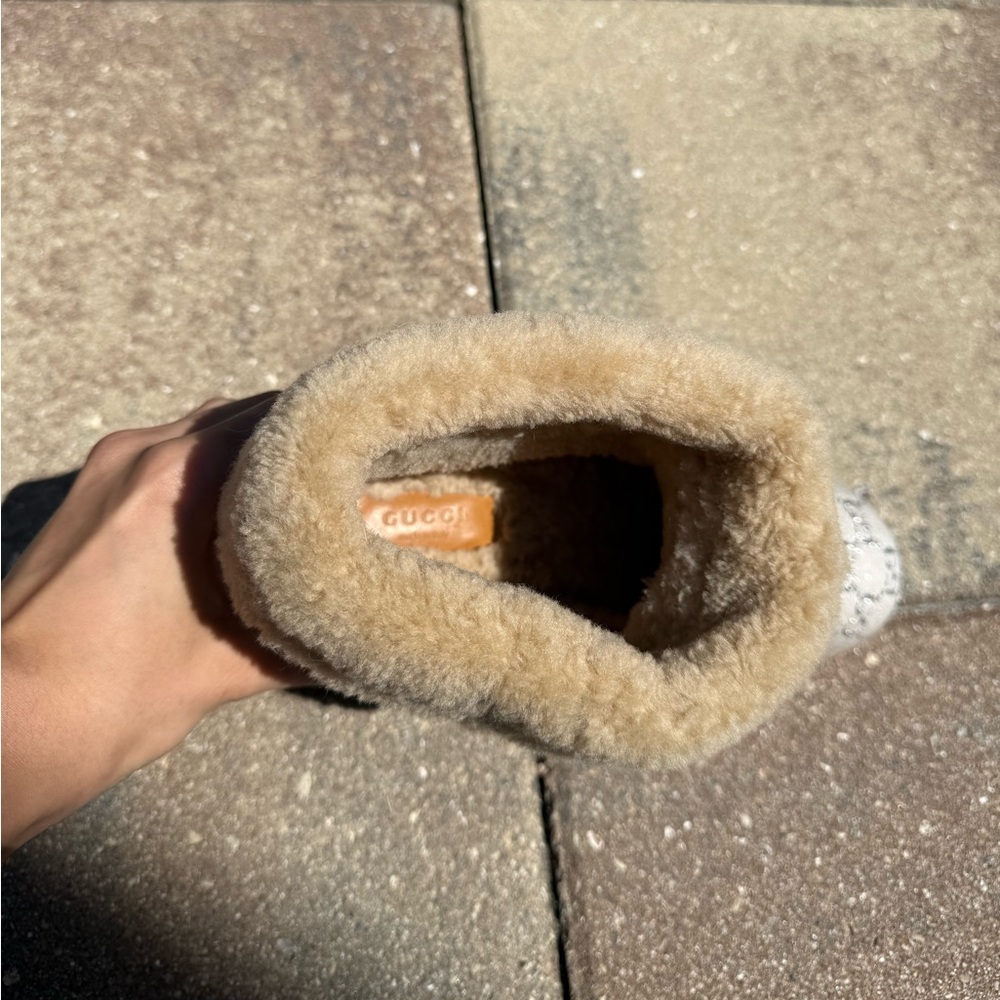 Gucci - Canvas Wool Shearling Lined GG Monogram Fria Horsebit Ankle Boots - Picture 5 of 7